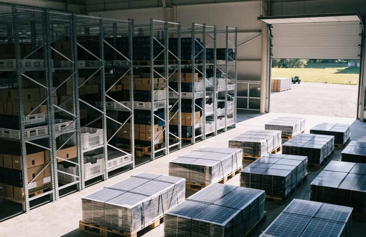 The warehouse: panels, inverters and batteries ready for the week.
